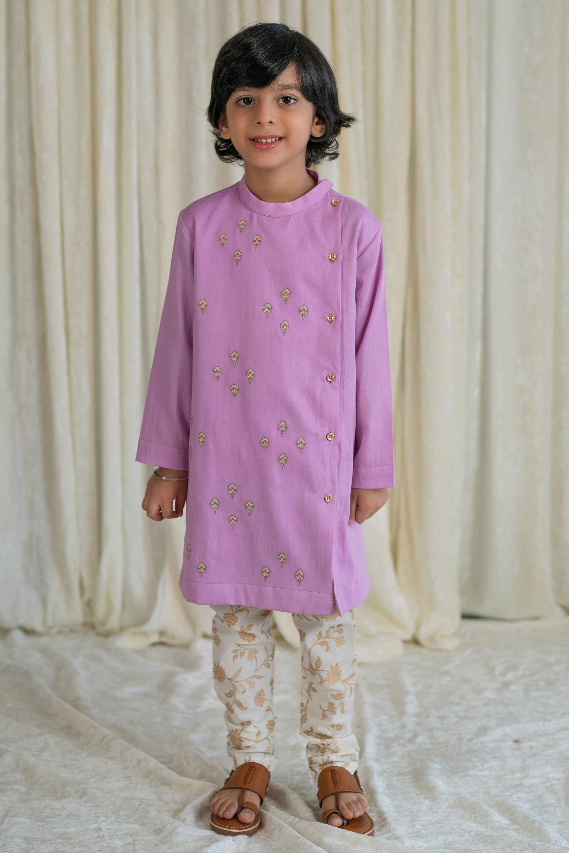 Boys Nawab Kurta Pyjama Cotton Set Embroidered- Purple - Eco-friendly - Sama Homes