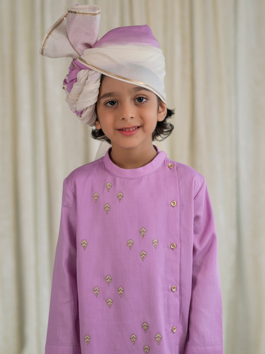 Boys Nawab Kurta Pyjama Cotton Set Embroidered- Purple