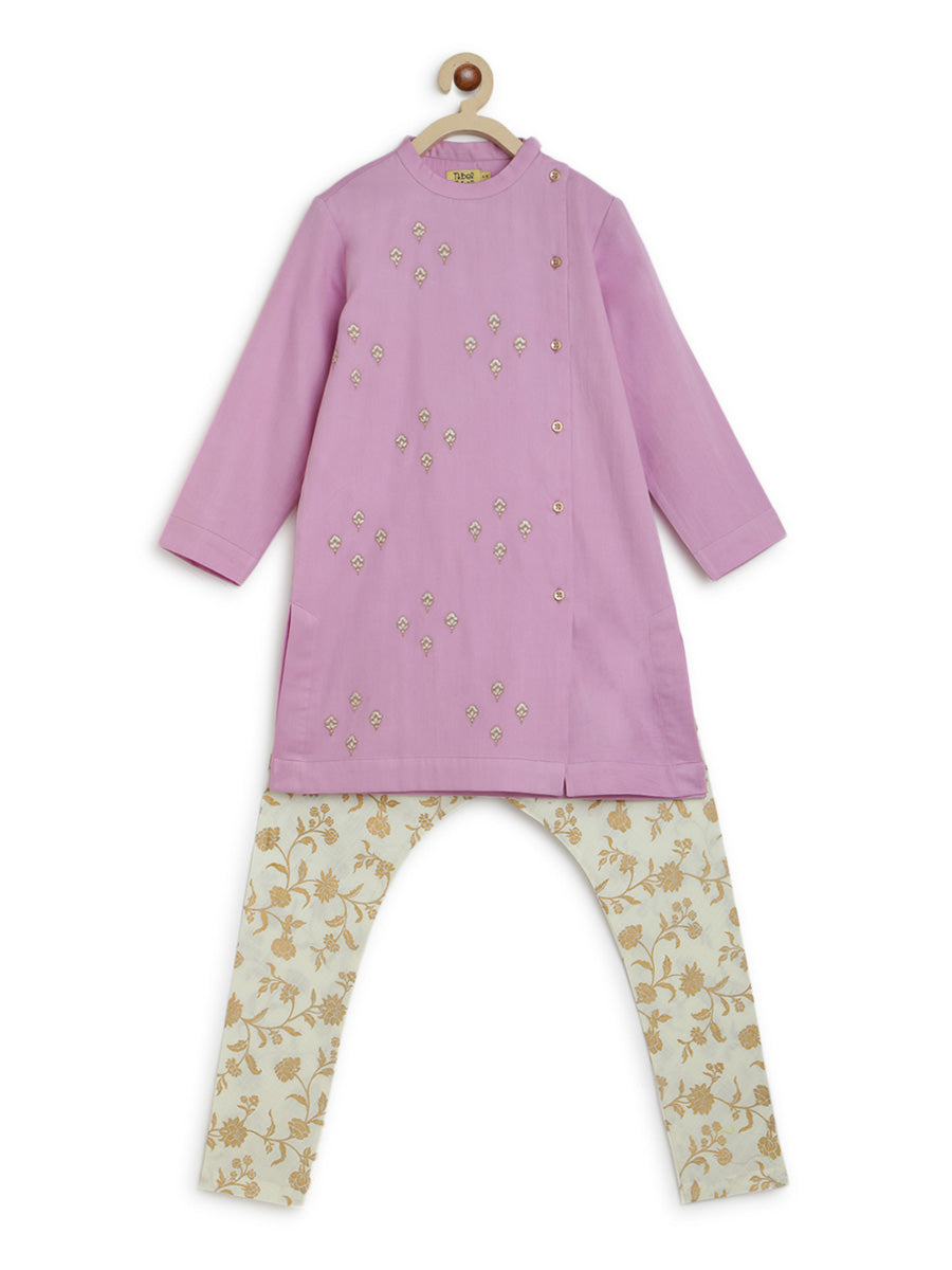Boys Nawab Kurta Pyjama Cotton Set Embroidered- Purple - Image 6