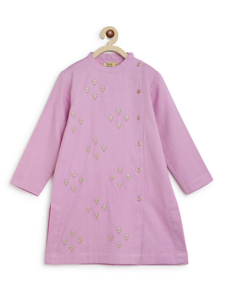 Boys Nawab Kurta Pyjama Cotton Set Embroidered- Purple - Image 8