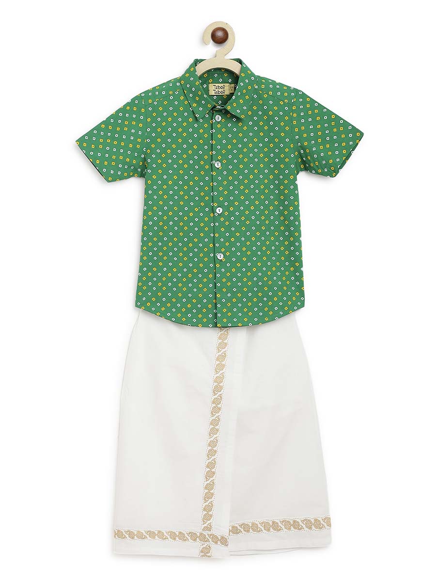 2 Pc Mundu Dhoti Shirt Set-Green - Image 2