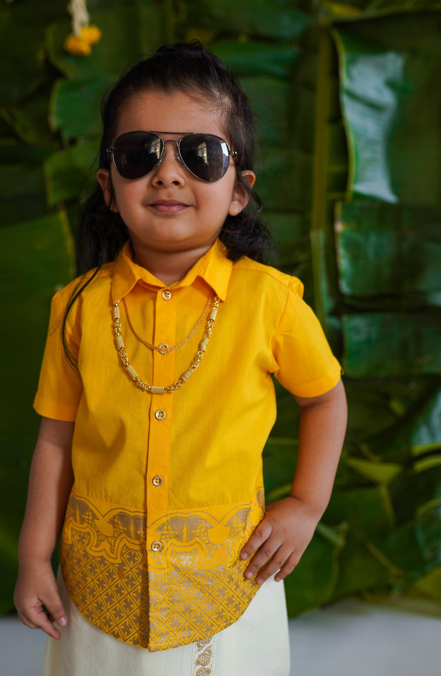 Boys Panel Gold Print Shirt-Yellow