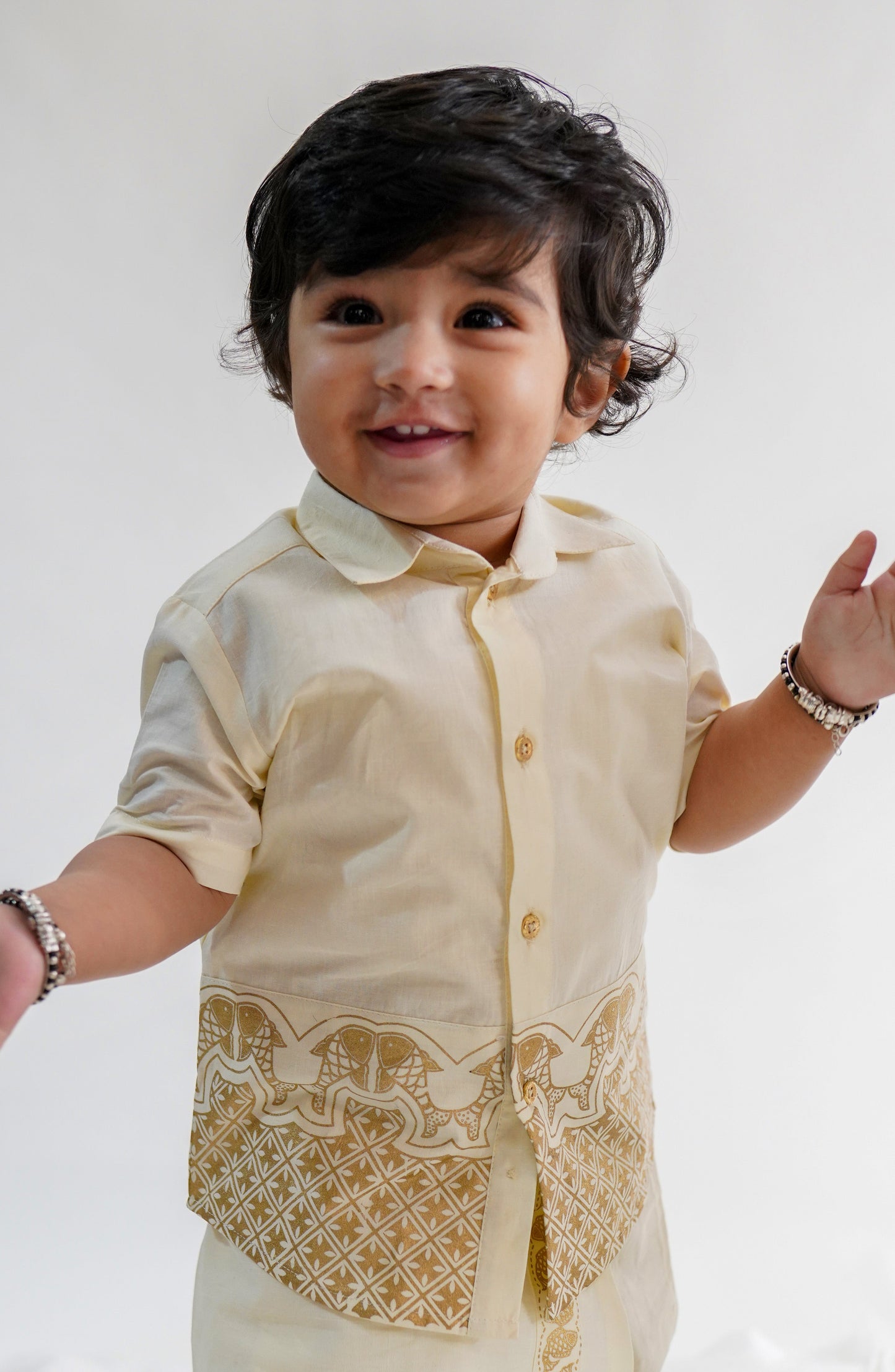 Boys Panel Gold Print Shirt-Cream