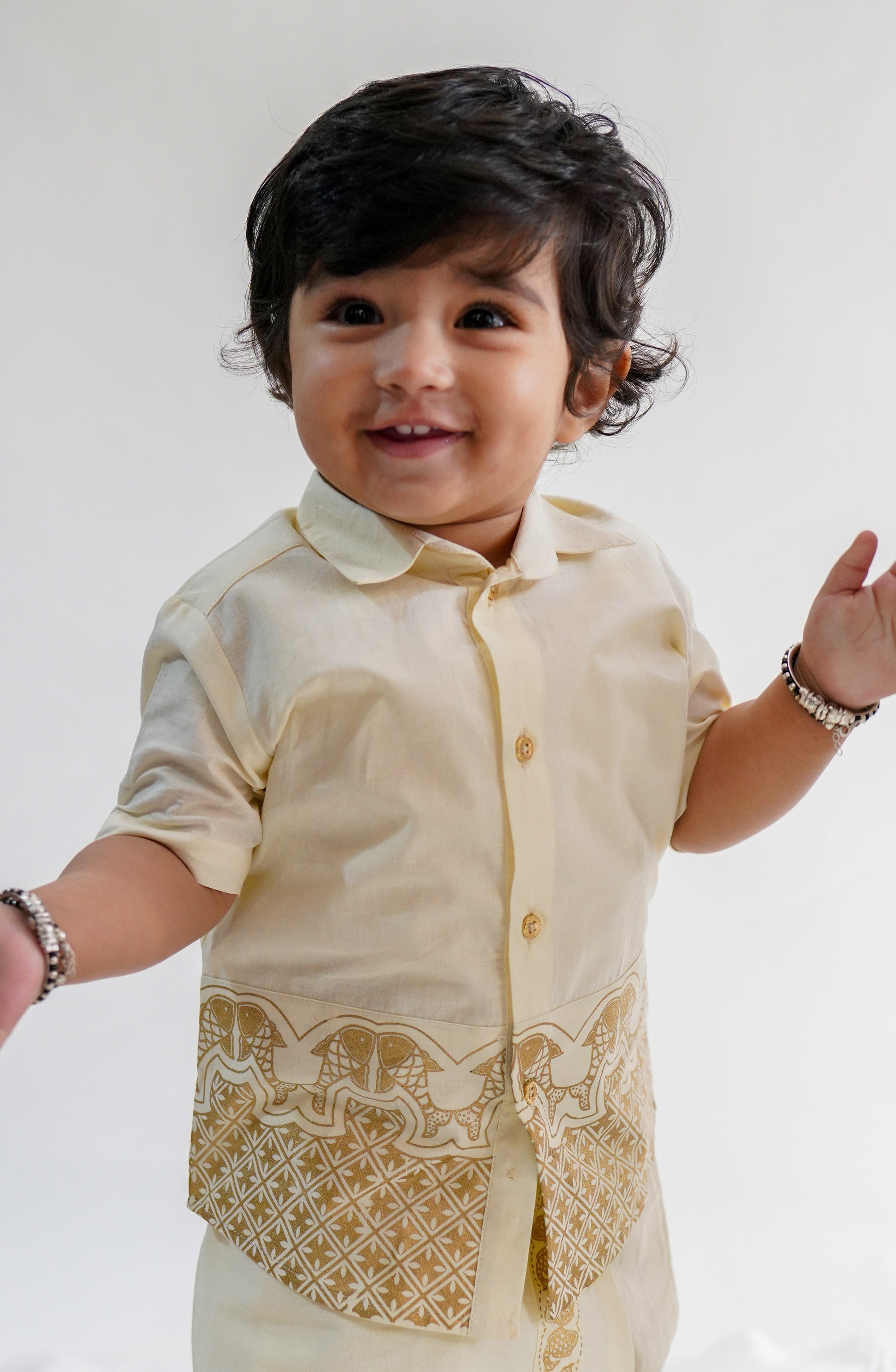 Boys Panel Gold Print Shirt-Cream - Eco-friendly - Sama Homes