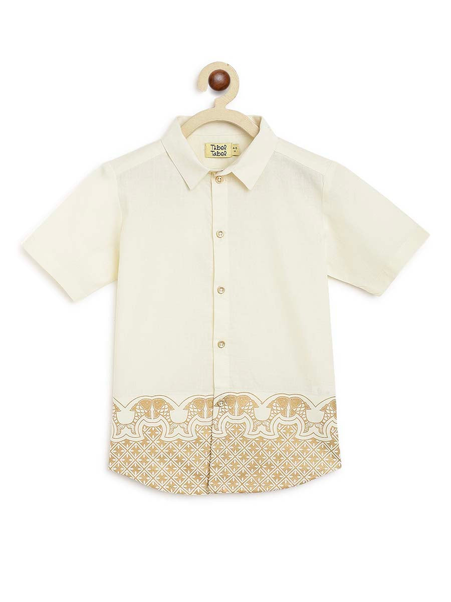 Boys Panel Gold Print Shirt-Cream
