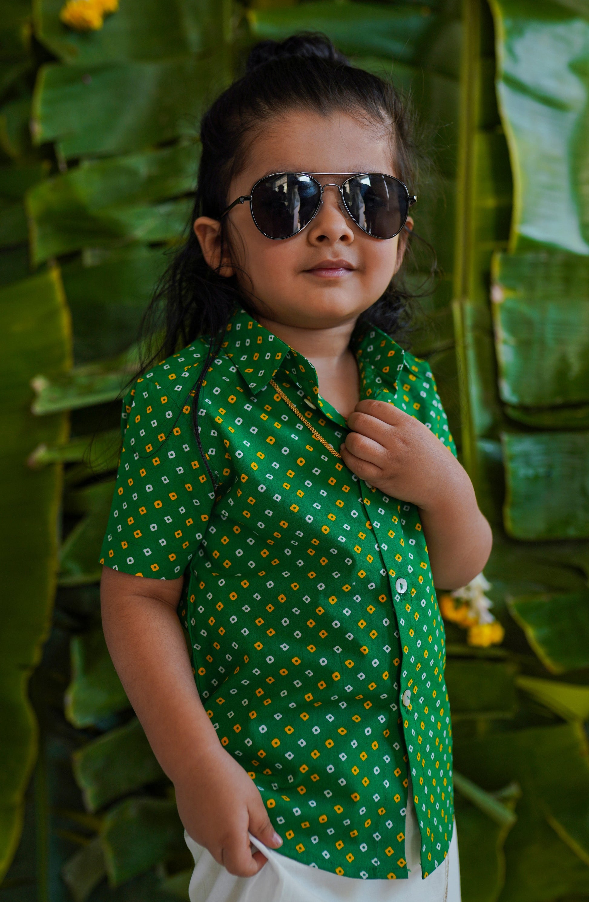 Boys Printed Bandhani Shirt-Green - Eco-friendly - Sama Homes