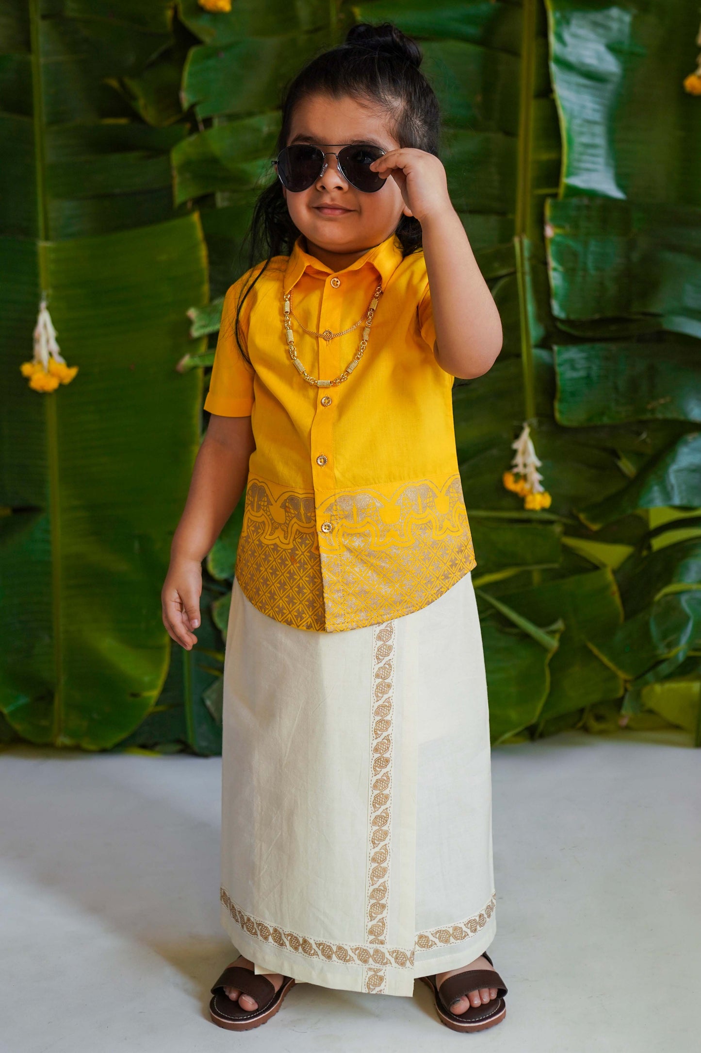 2 Pc Mundu Dhoti Shirt Set-Yellow