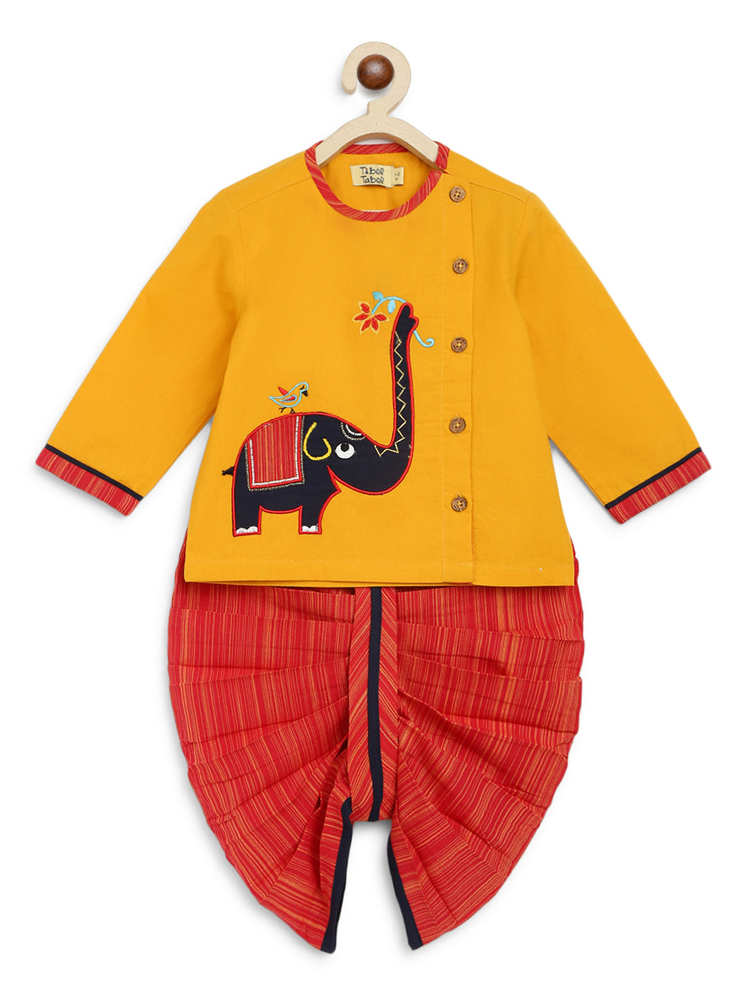 Boy Embroidery Elephant Dhoti Set - Yellow - Image 2