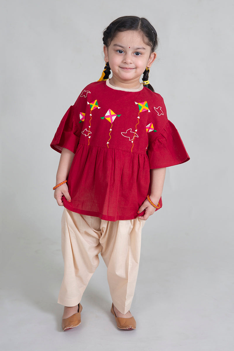 Girls Maroon Phulkari Kite Top Set - Image 2