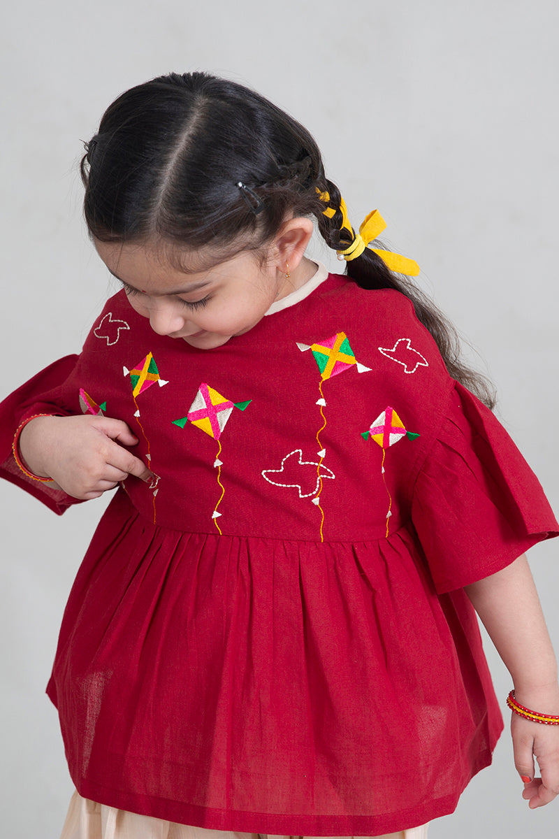 Girls Maroon Phulkari Kite Top Set