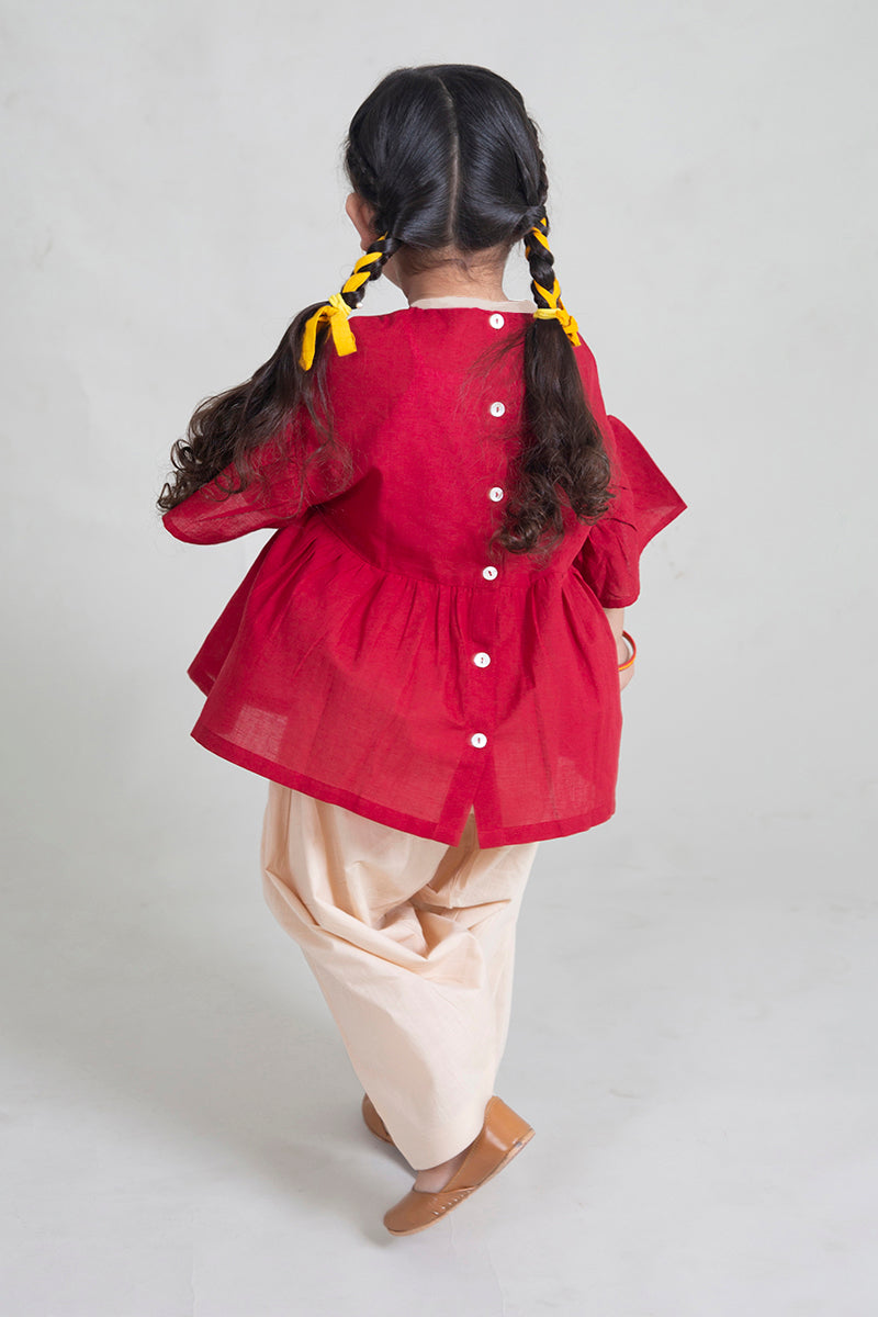 Girls Maroon Phulkari Kite Top Set