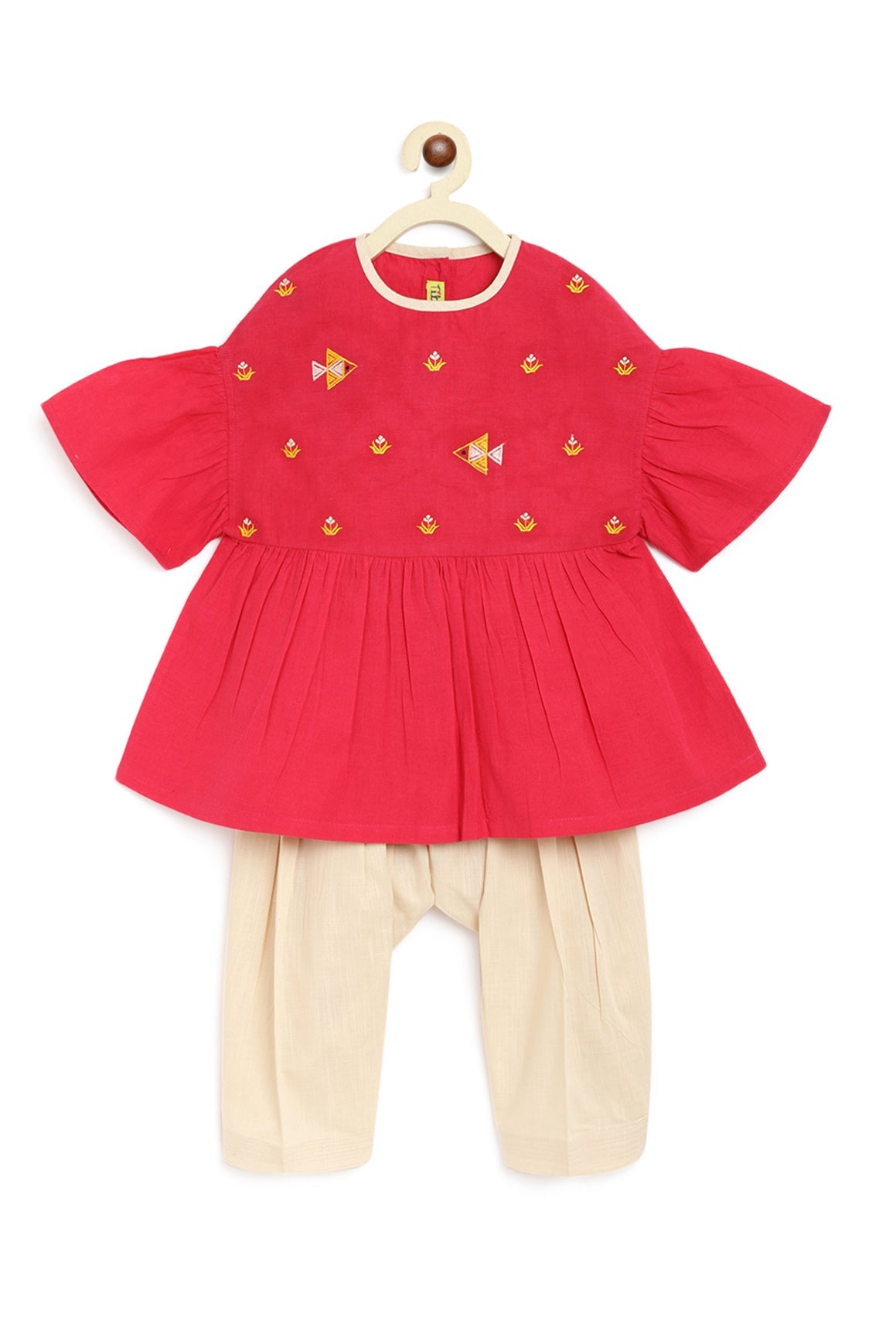 Girls Pink Phulkari Fish Top Set