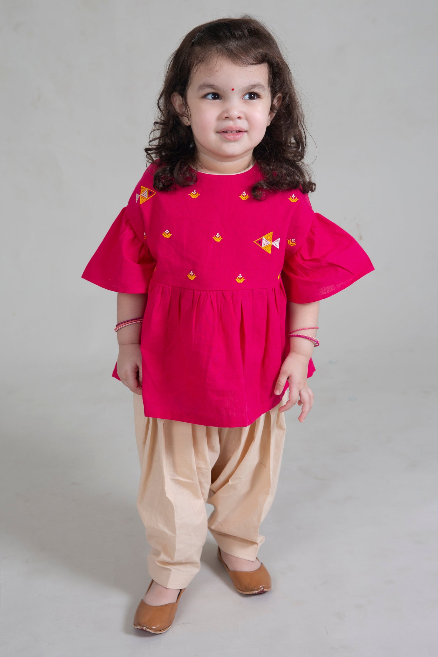 Girls Pink Phulkari Fish Top Set
