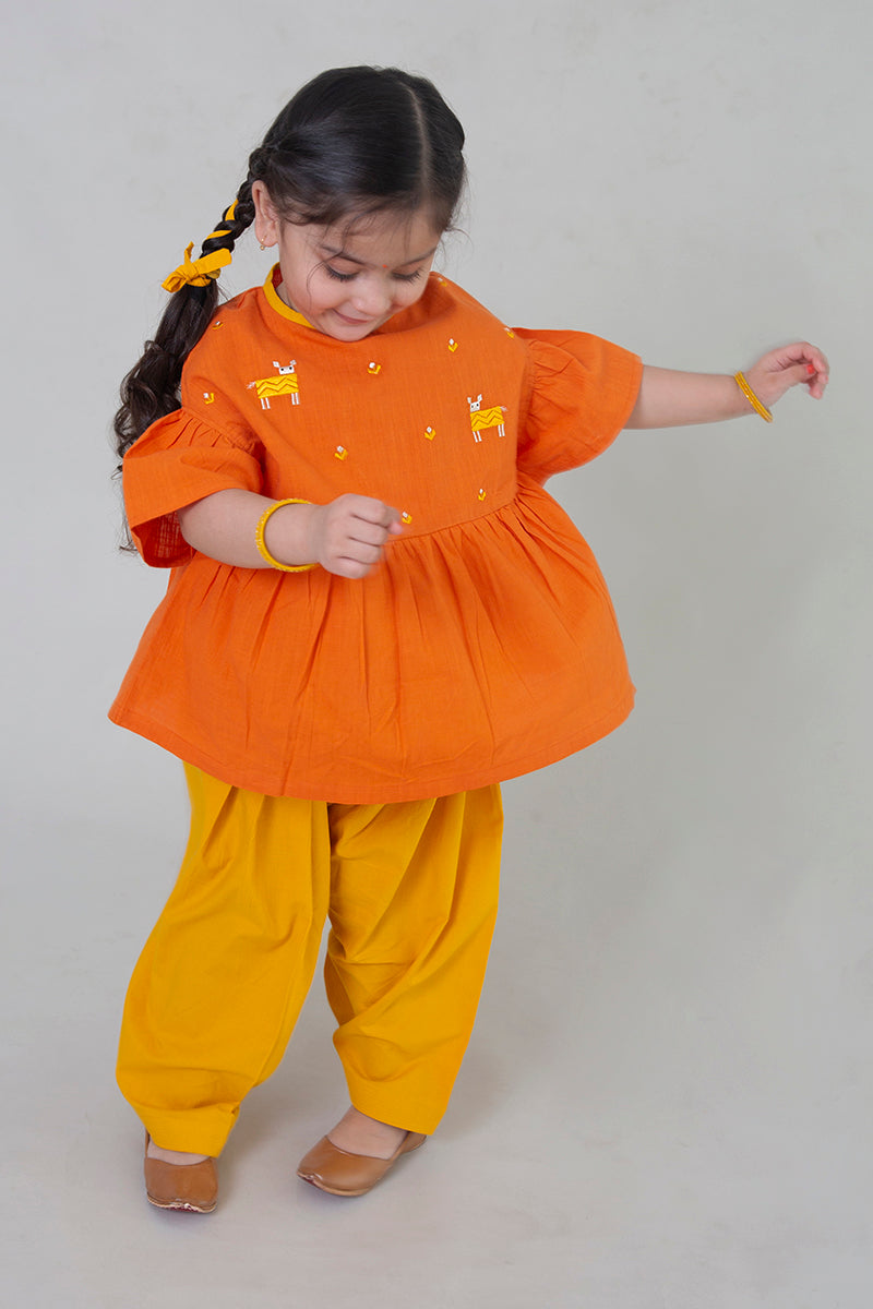 Girls Orange Phulkari Deer Top Set - Eco-friendly - Sama Homes