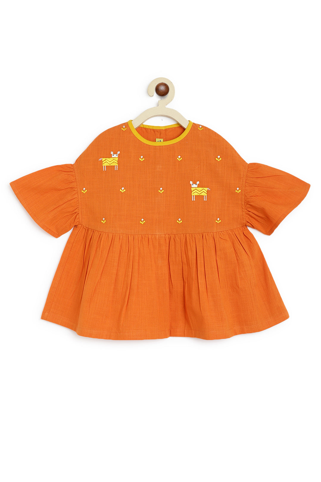 Girls Orange Phulkari Deer Top Set