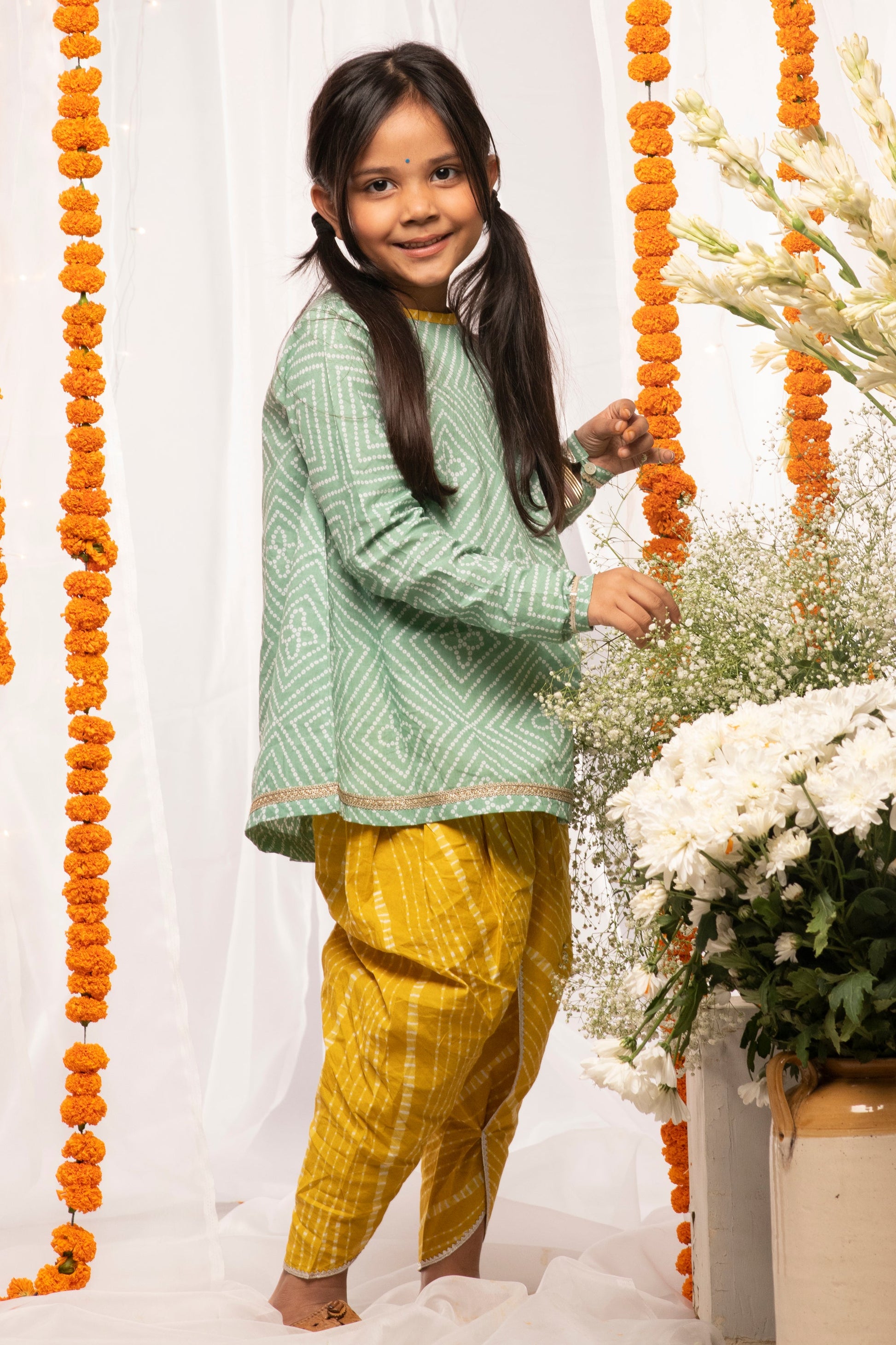 Girls Green Printed Bandhani Suit Set - Eco-friendly - Sama Homes