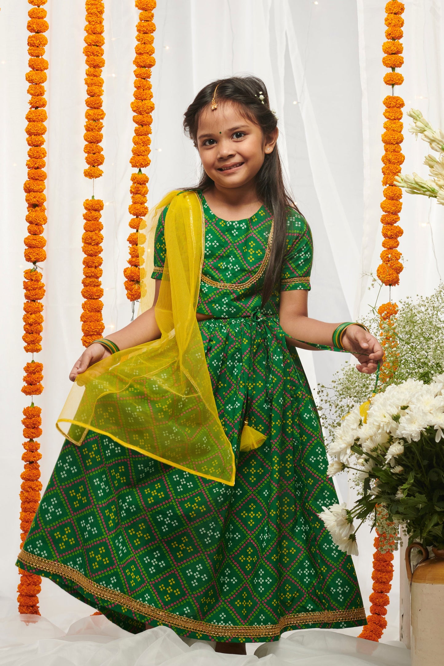 Girls Green Printed Bandhani Lehenga Set