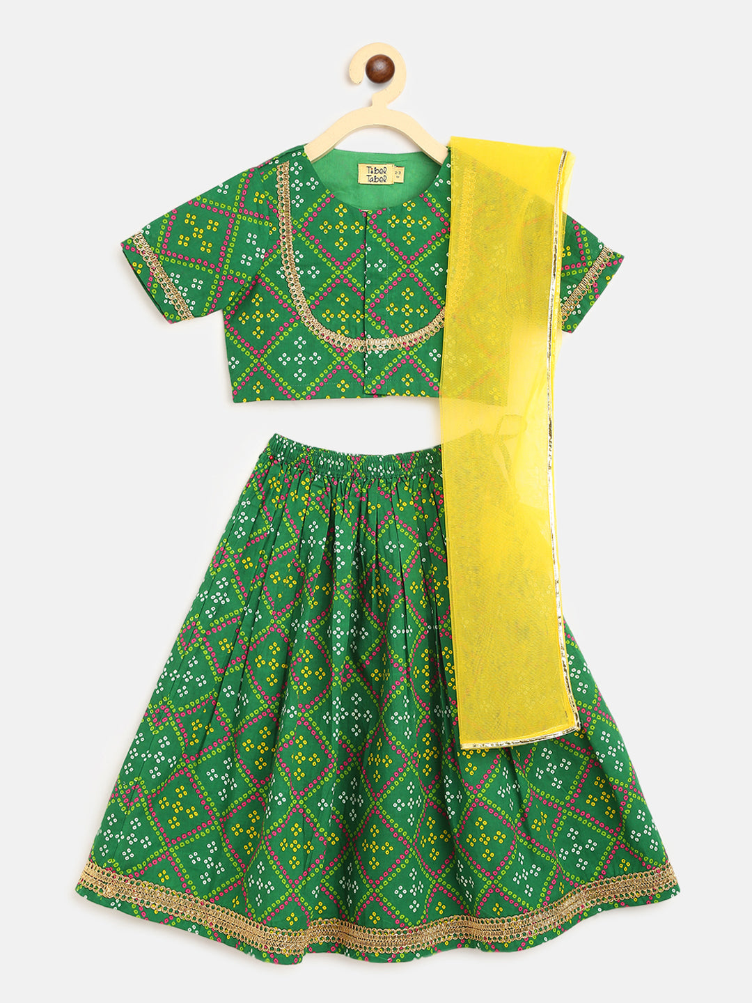 Girls Green Printed Bandhani Lehenga Set