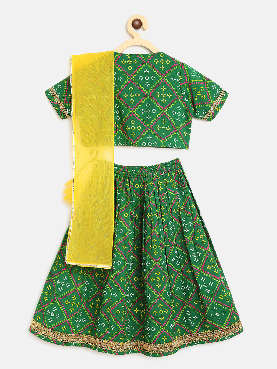 Girls Green Printed Bandhani Lehenga Set