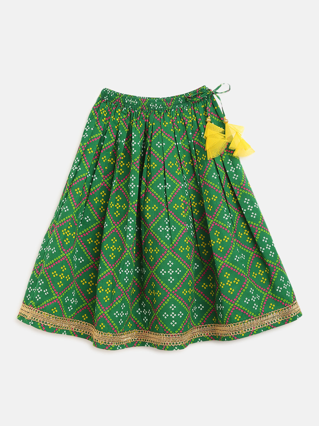 Girls Green Printed Bandhani Lehenga Set