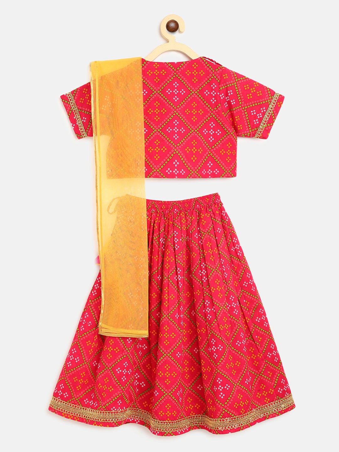 Girls Pink Printed Bandhani Lehenga Set