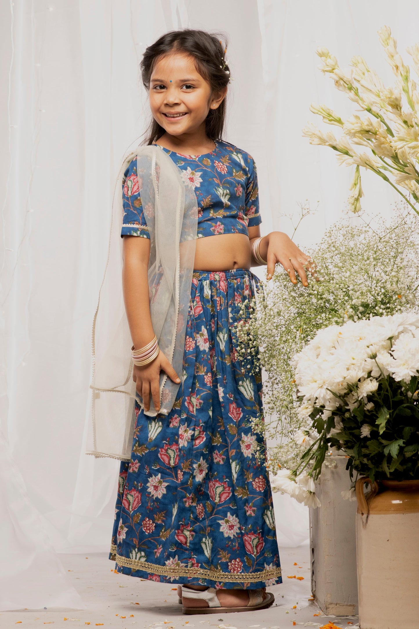 Girls Blue Printed Floral Lehenga Set