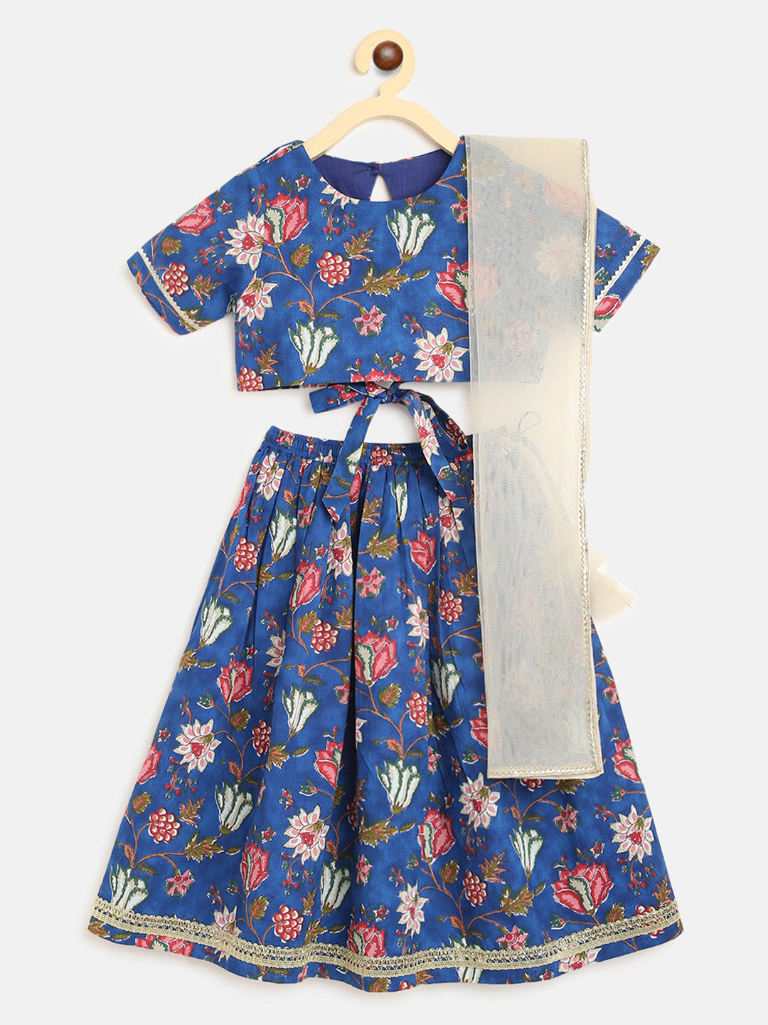 Girls Blue Printed Floral Lehenga Set