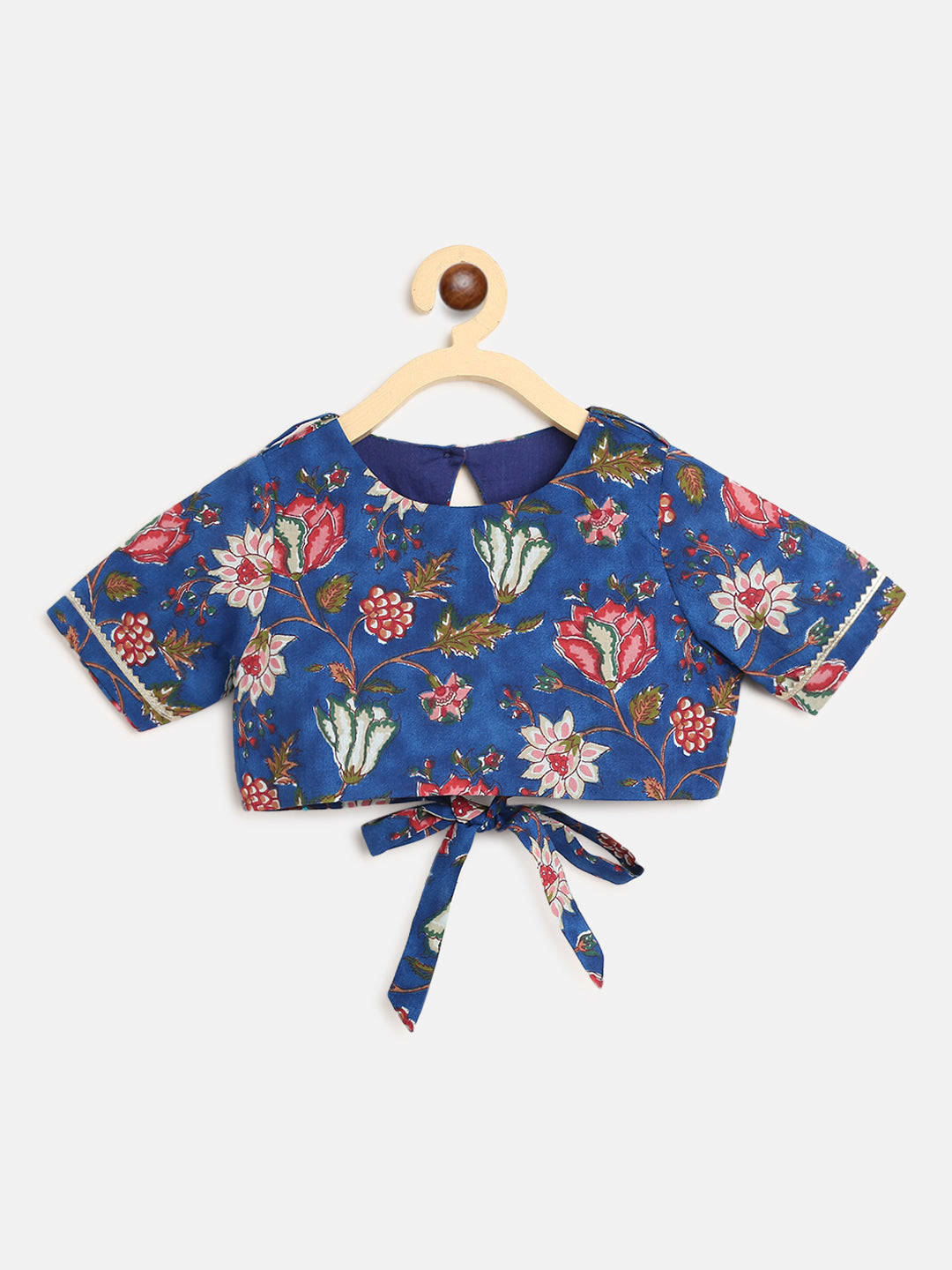 Girls Blue Printed Floral Lehenga Set - Image 6