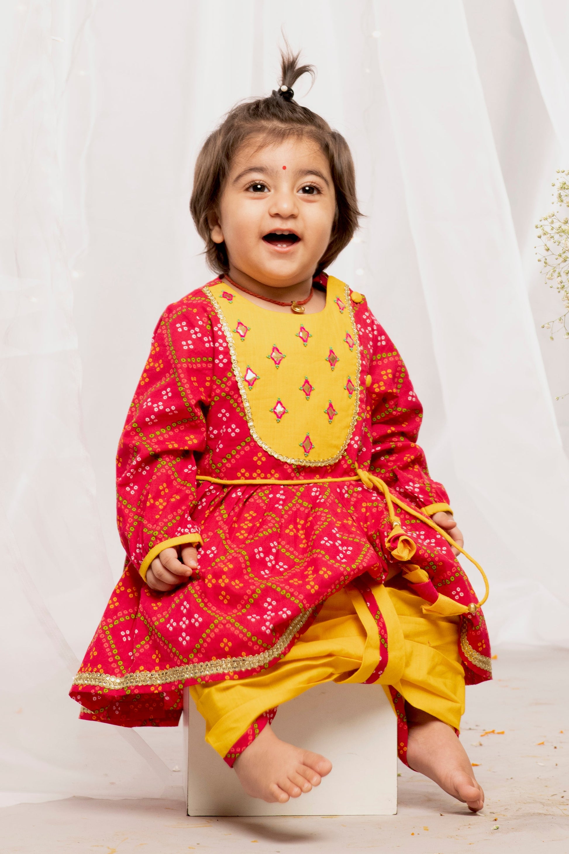 Baby Girl Pink Printed Bandhani Angrakha Set - Image 2