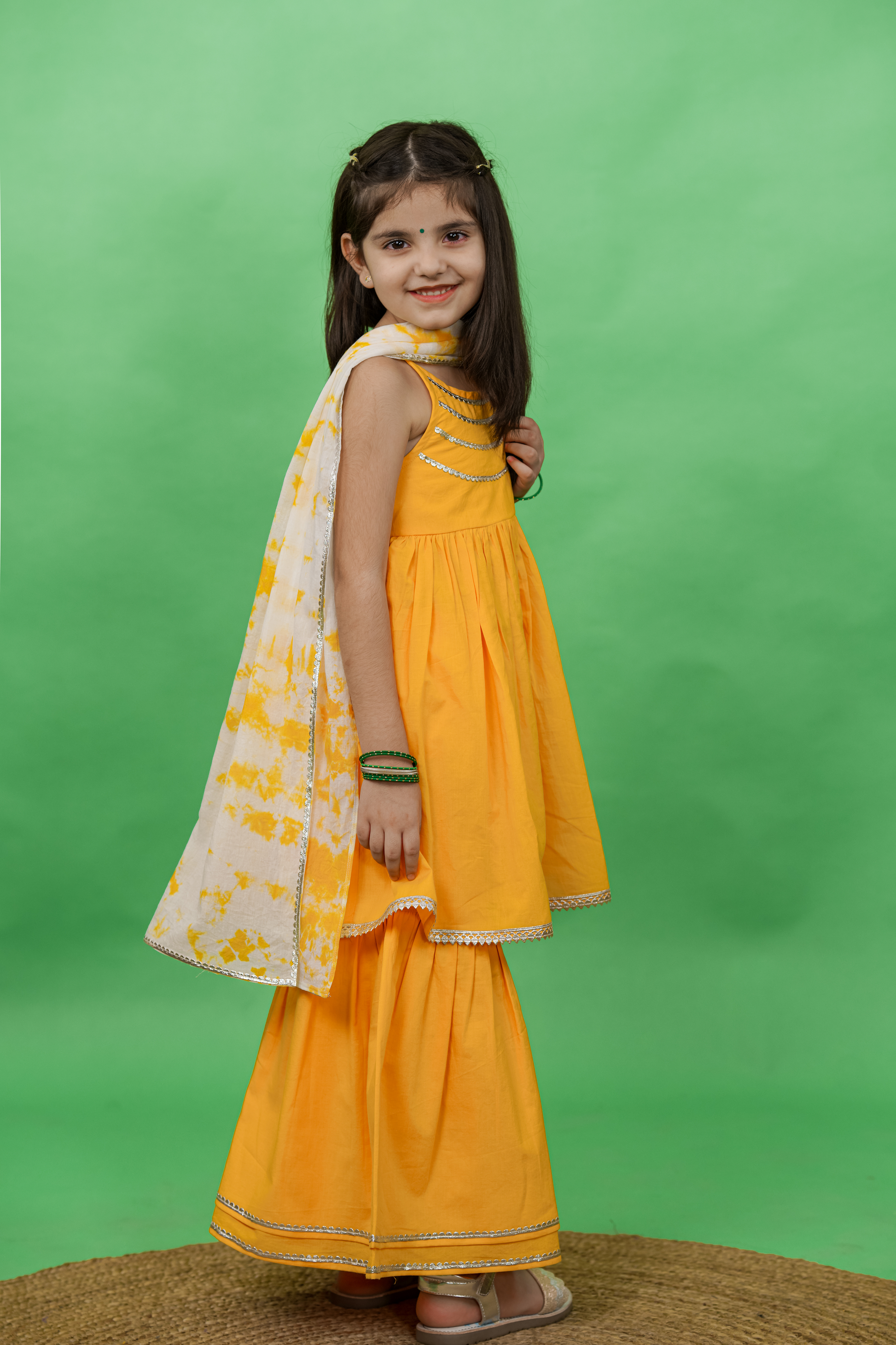 Girls Flared Sharara Set Gotapatti - Yellow - Image 2