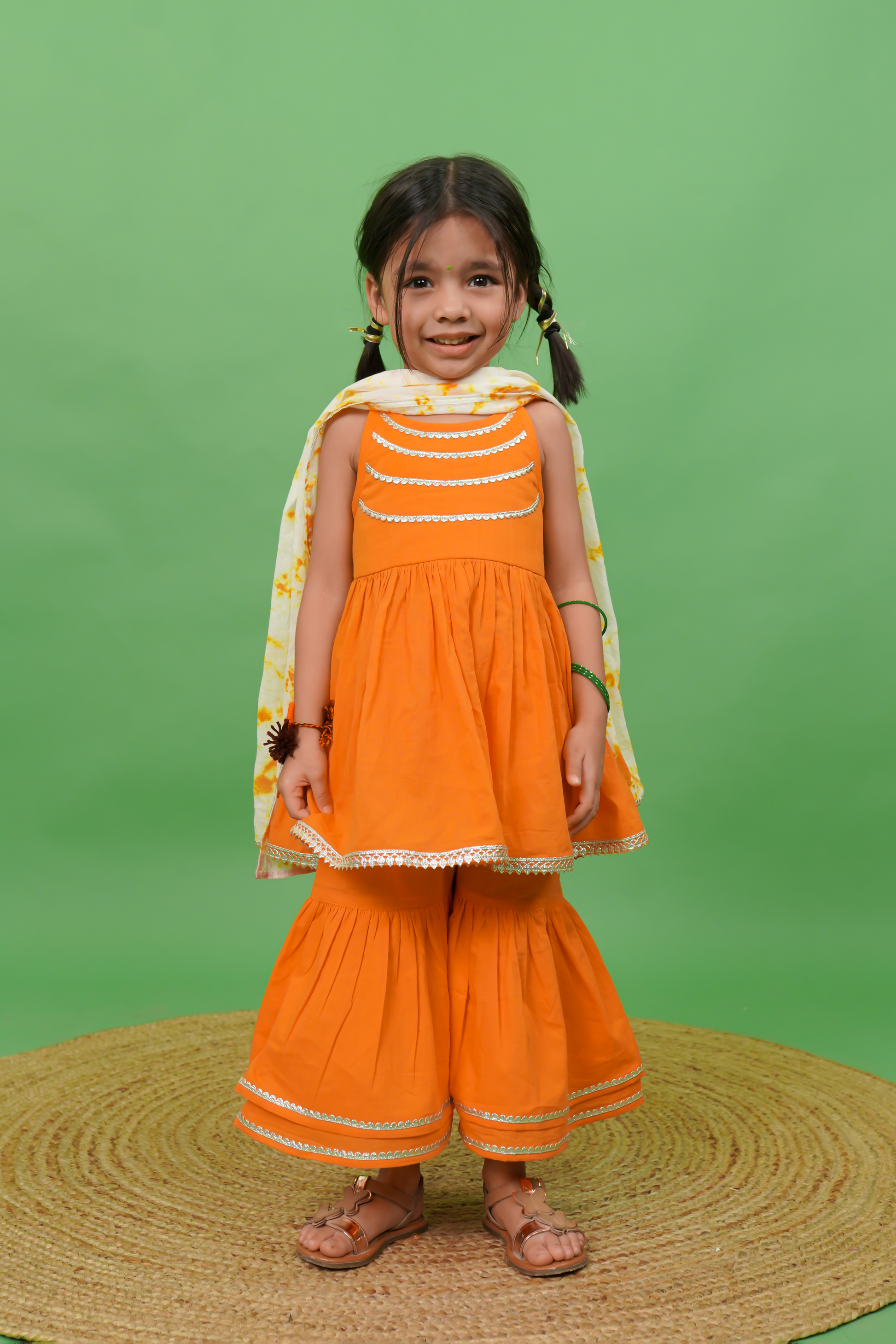 Girls Flared Sharara Set Gotapatti - Orange - Eco-friendly - Sama Homes