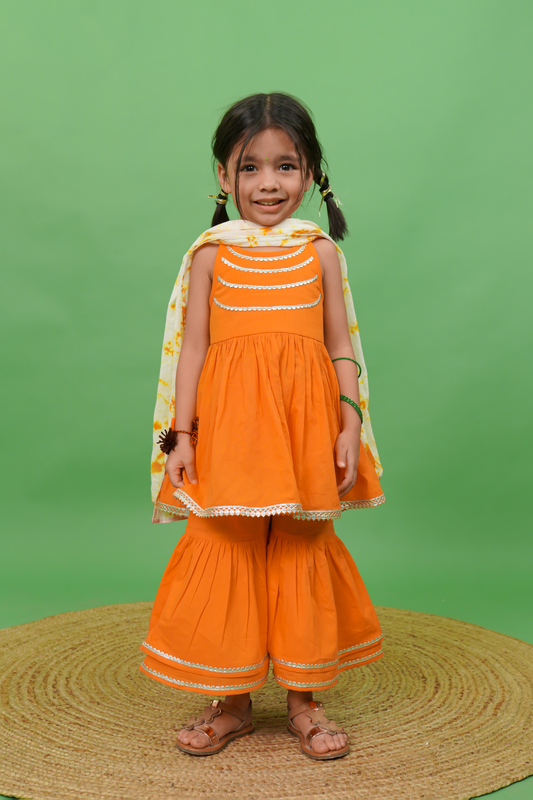 Girls Flared Sharara Set Gotapatti - Orange