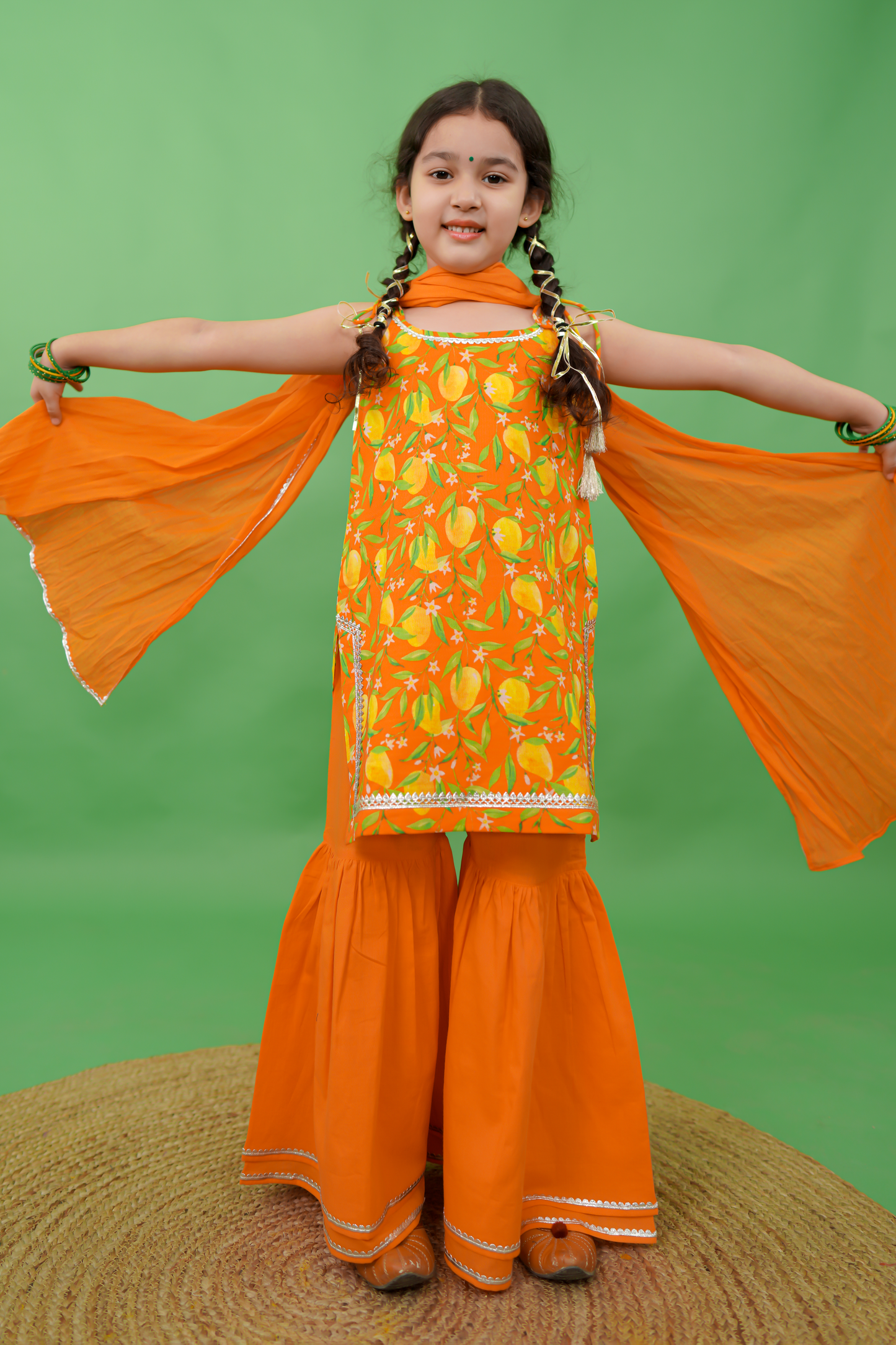Girls Straight Strappy Sharara Set Printed Mango - Orange