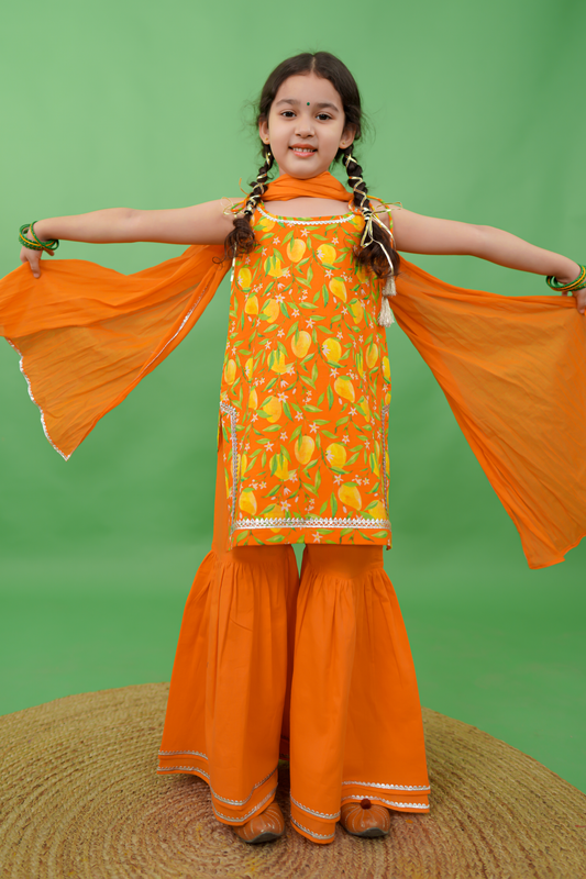 Girls Straight Strappy Sharara Set Printed Mango - Orange