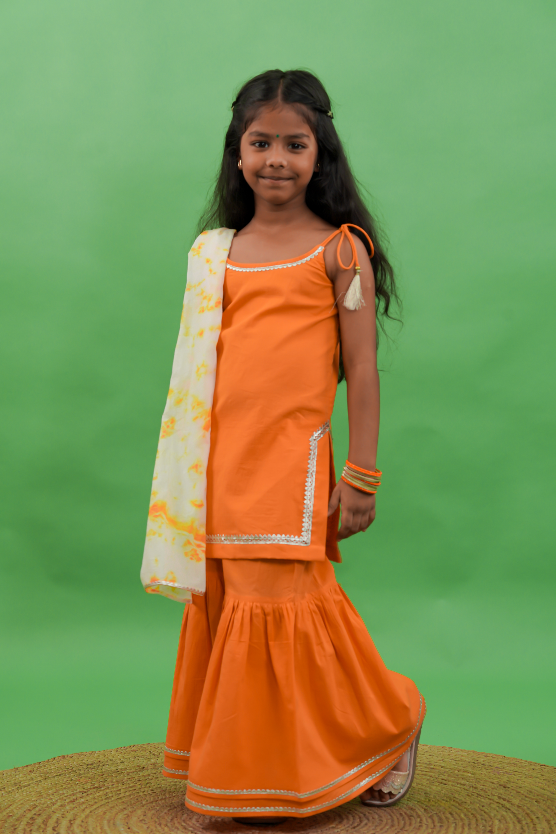 Girls Straight Strappy Sharara Set Gotapatti - Orange - Eco-friendly - Sama Homes
