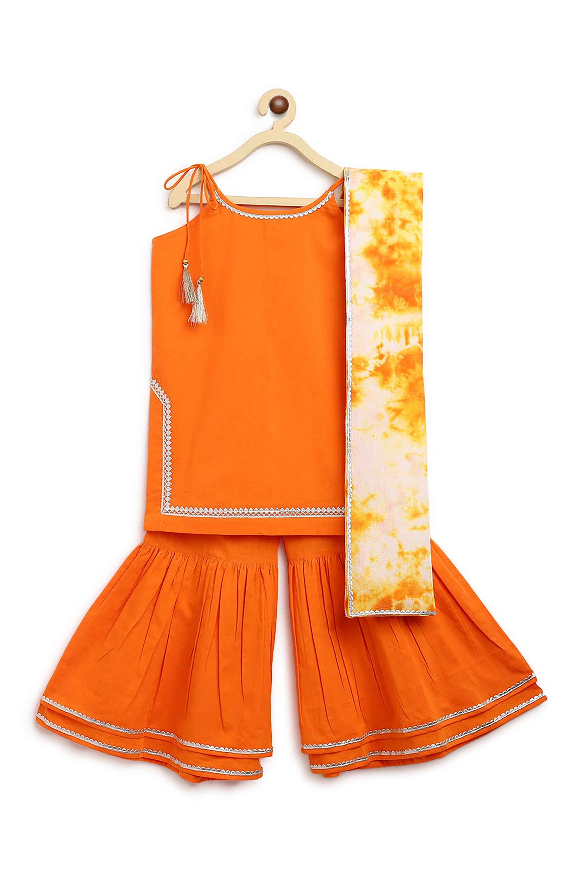 Girls Straight Strappy Sharara Set Gotapatti - Orange - Image 3