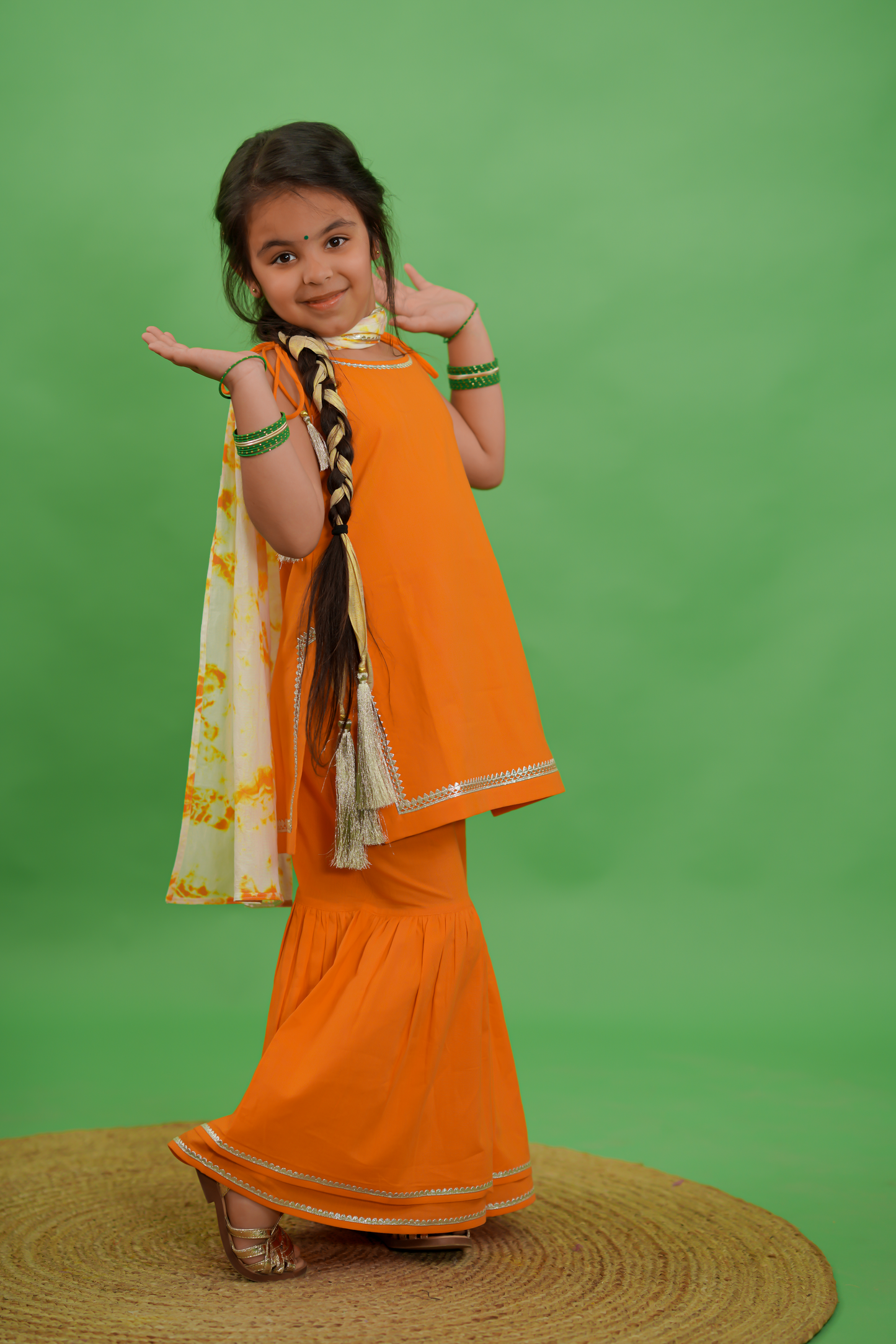 Girls Straight Strappy Sharara Set Gotapatti - Orange