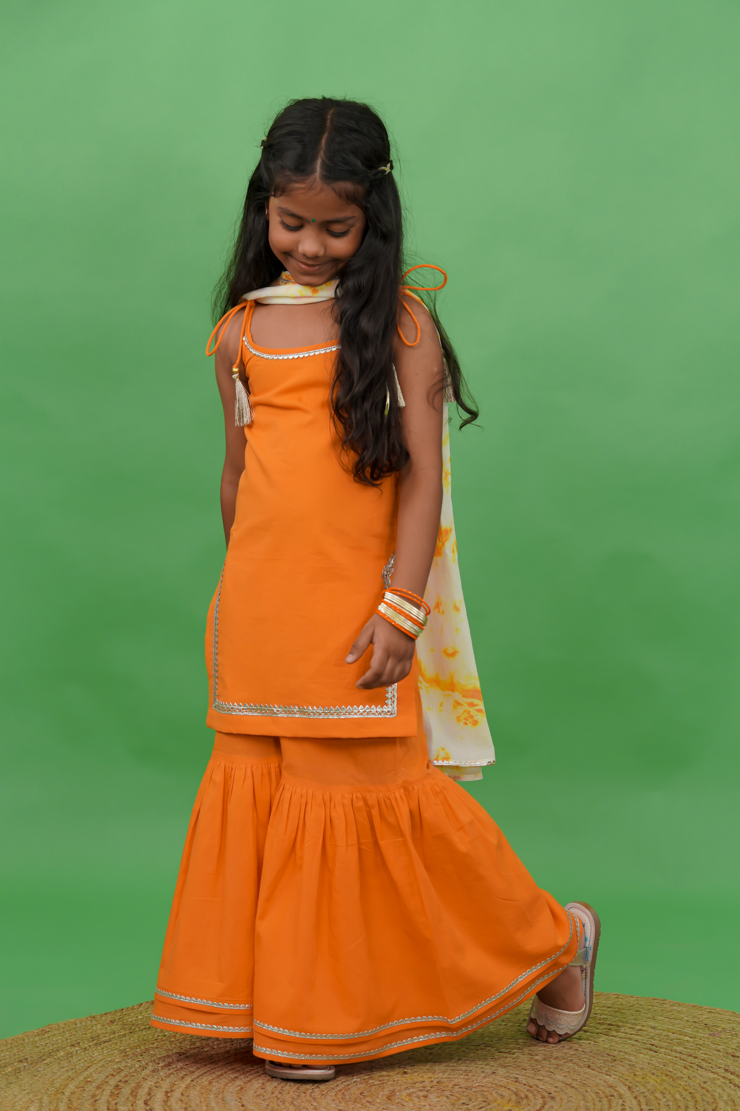 Girls Straight Strappy Sharara Set Gotapatti - Orange