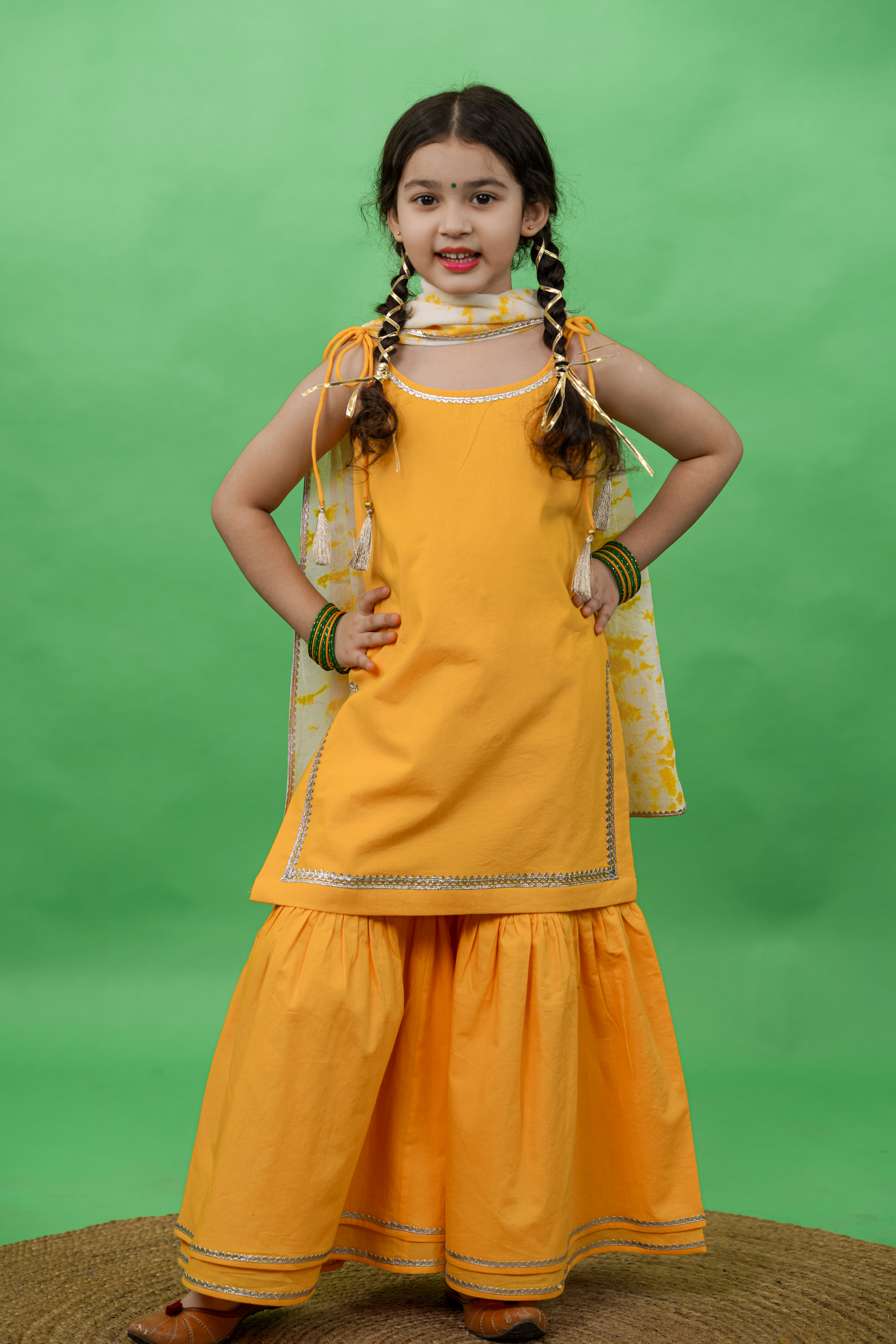 Girls Straight Strappy Sharara Set Gotapatti - Yellow - Image 3
