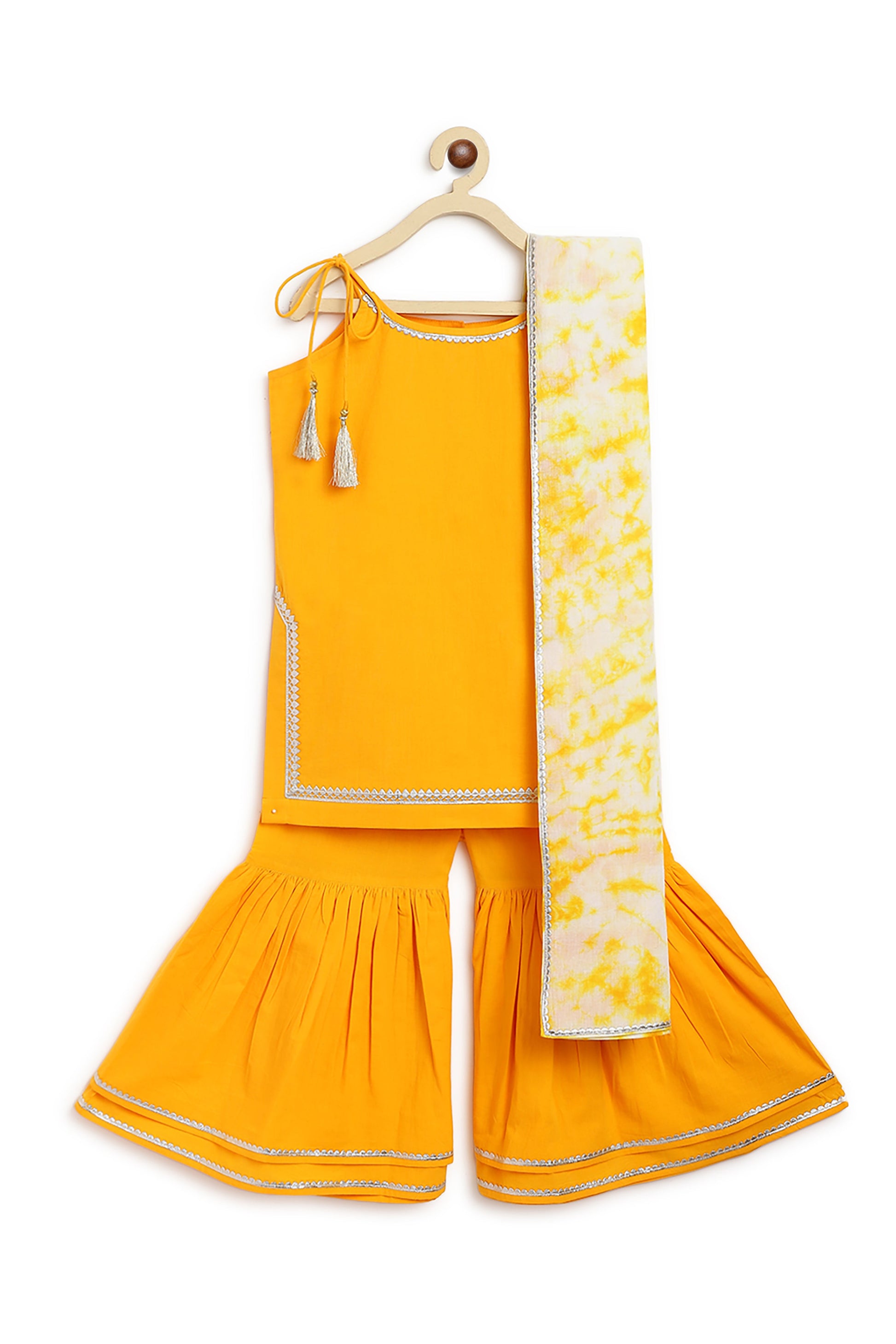 Girls Straight Strappy Sharara Set Gotapatti - Yellow - Image 4