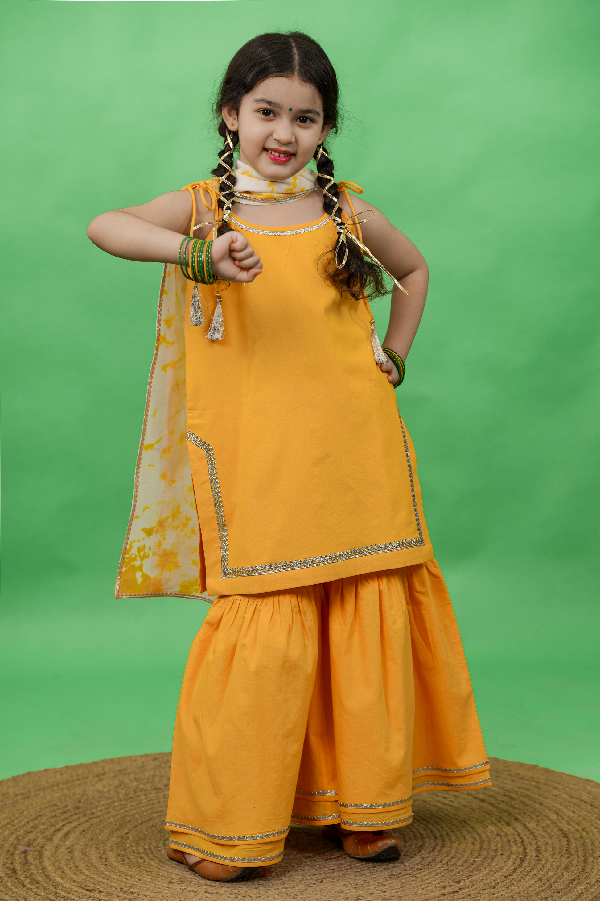 Girls Straight Strappy Sharara Set Gotapatti - Yellow - Eco-friendly - Sama Homes
