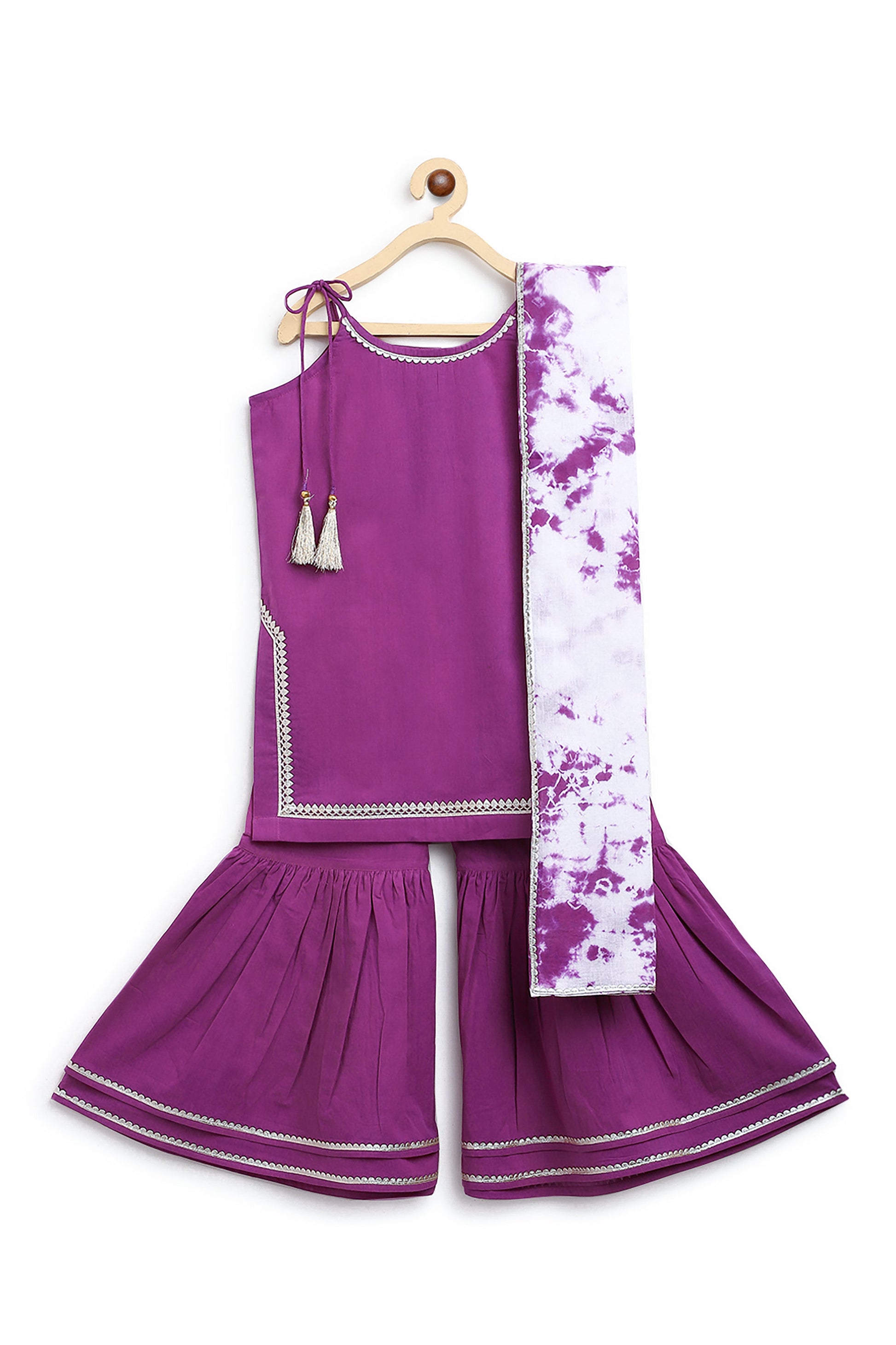 Girls Straight Strappy Sharara Set Gotapatti - Purple - Image 4