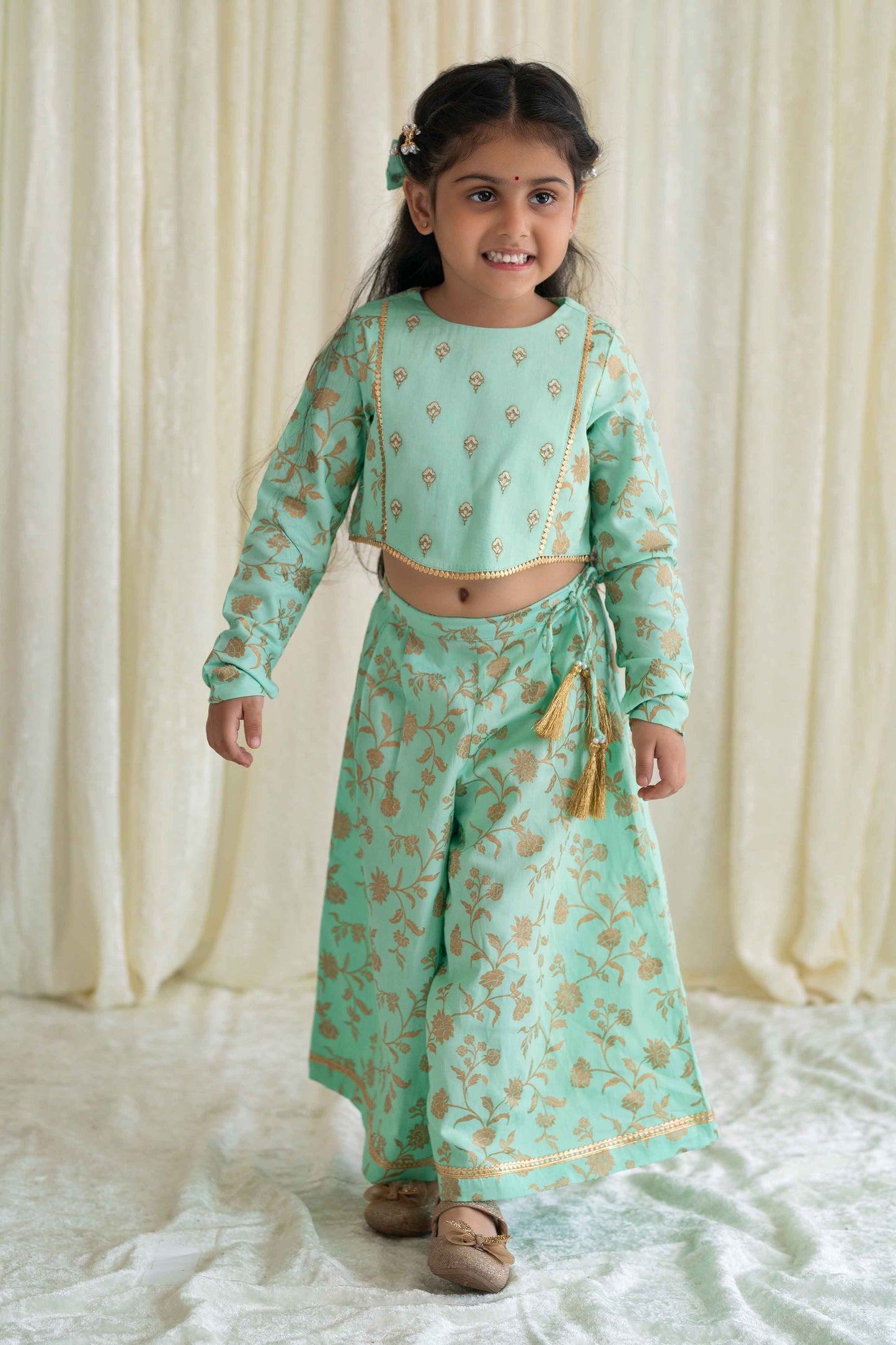 Girl Ethnic Co-ord Set Embroidered- Green