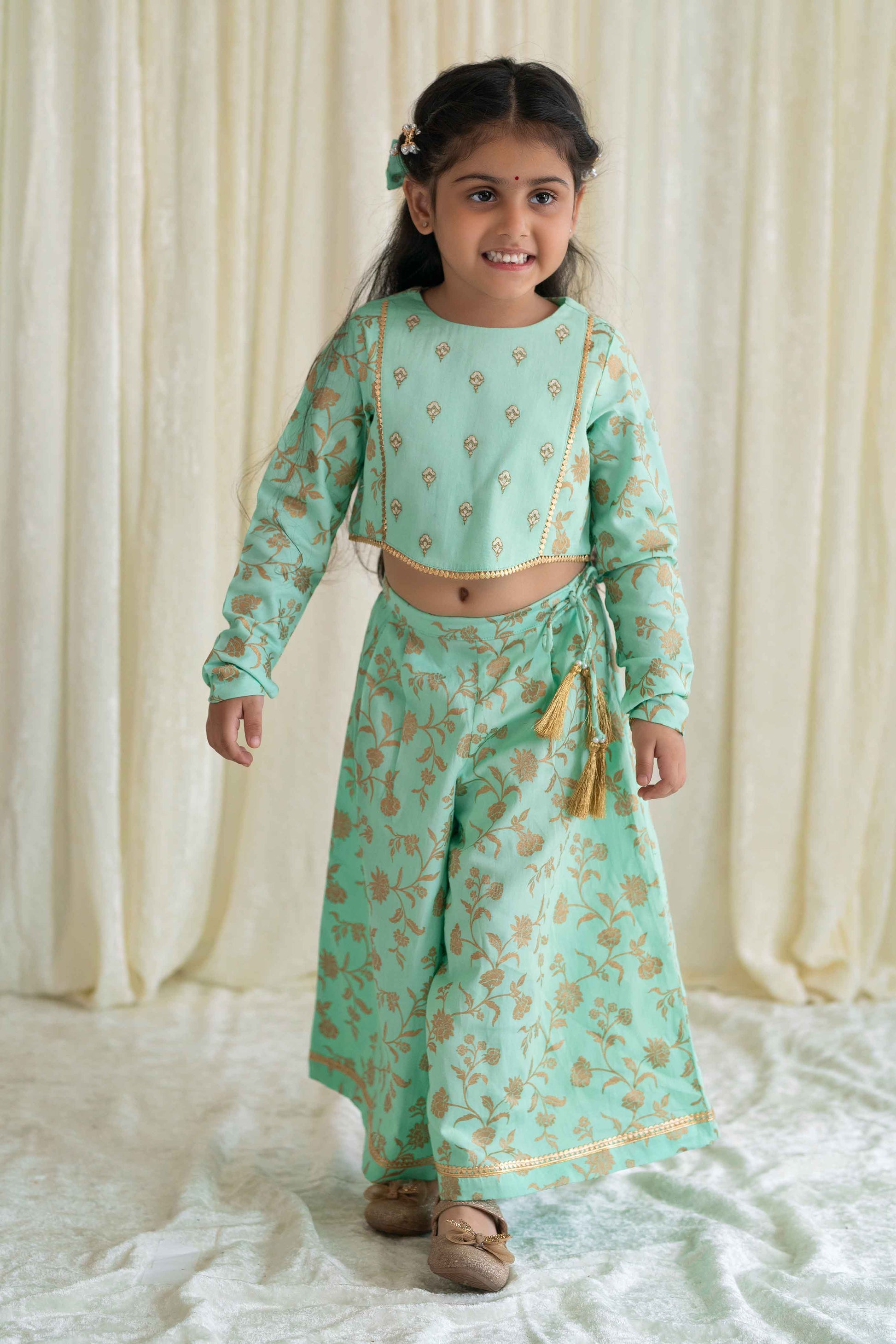 Girl Ethnic Co-ord Set Embroidered- Green - Eco-friendly - Sama Homes