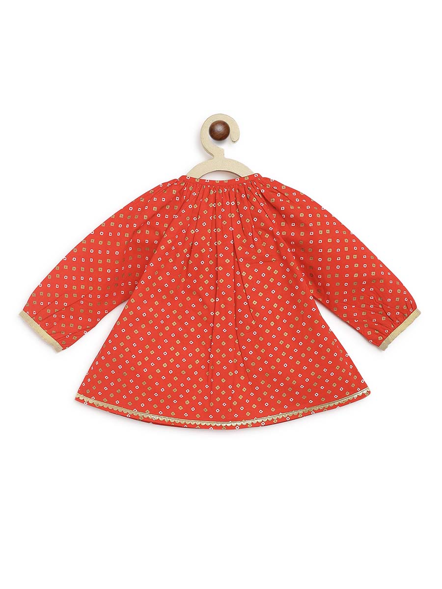 Baby Girl Bandhani Printed Jhabla Set-Red