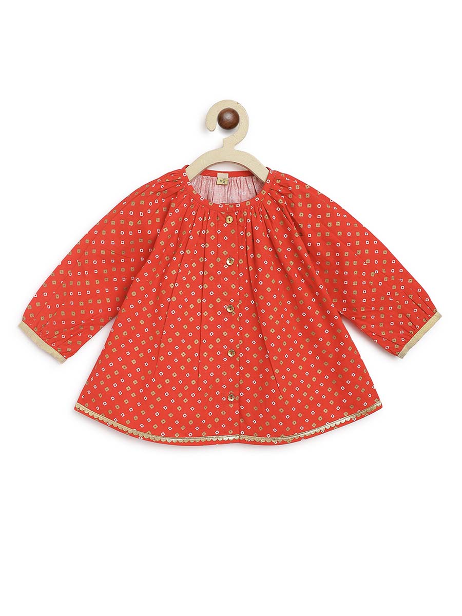 Baby Girl Bandhani Printed Jhabla Set-Red - Image 2