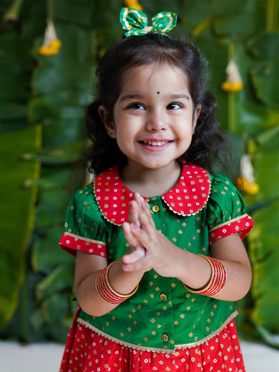 Baby Girl Bandhani Pattu Pavdai-Green - Image 3