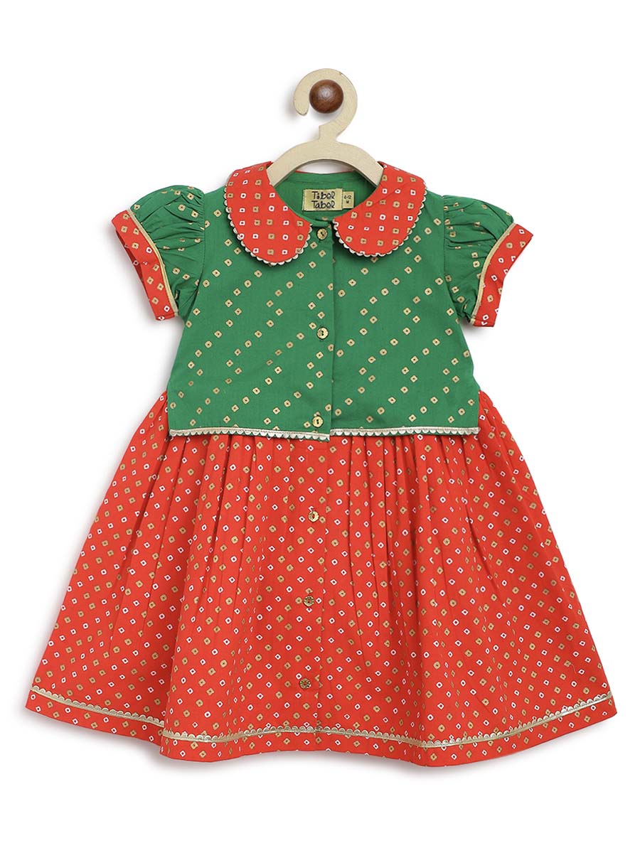 Baby Girl Bandhani Pattu Pavdai-Green - Image 4