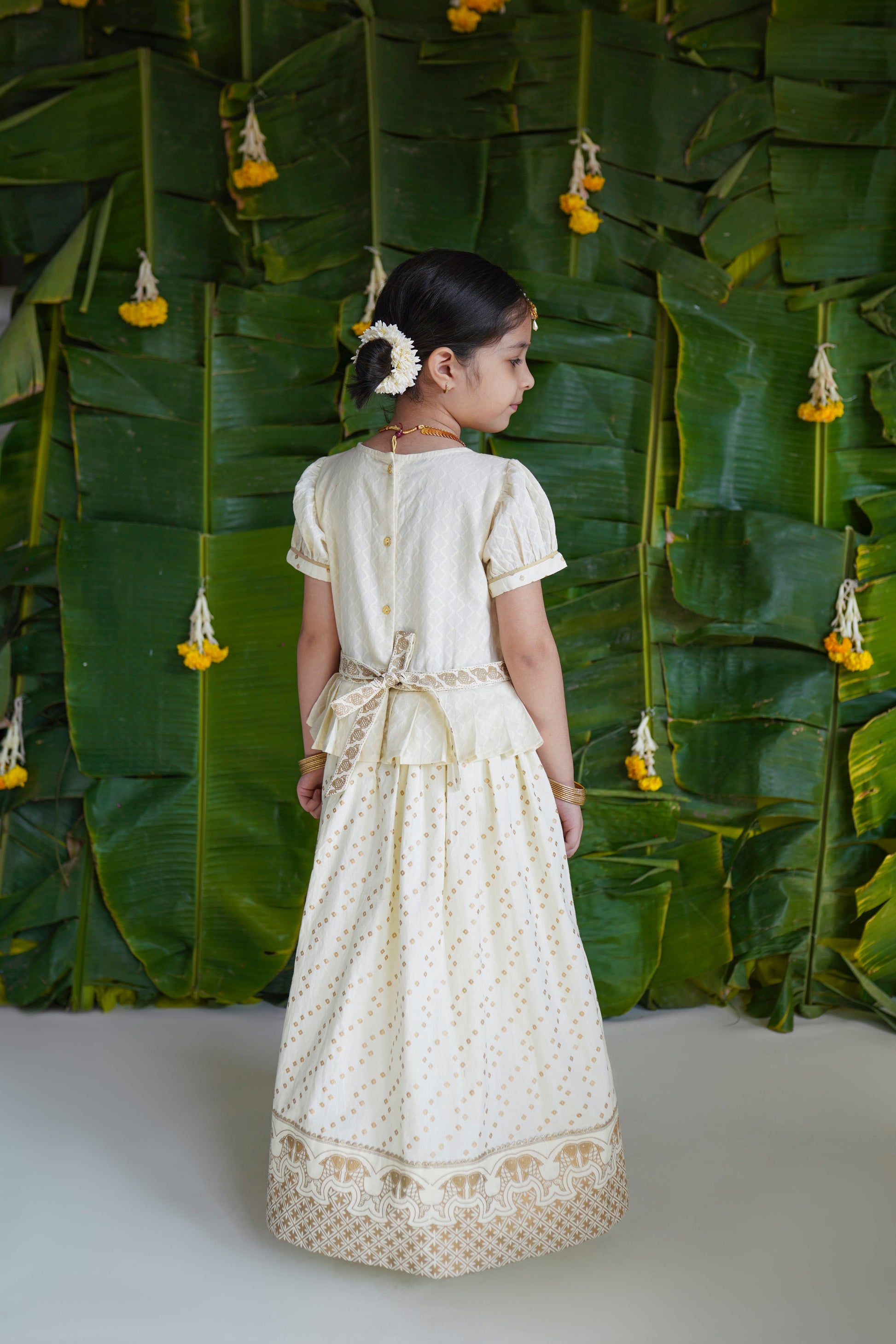 Girl Bandhani Pattu Pavdai-Cream - Image 3