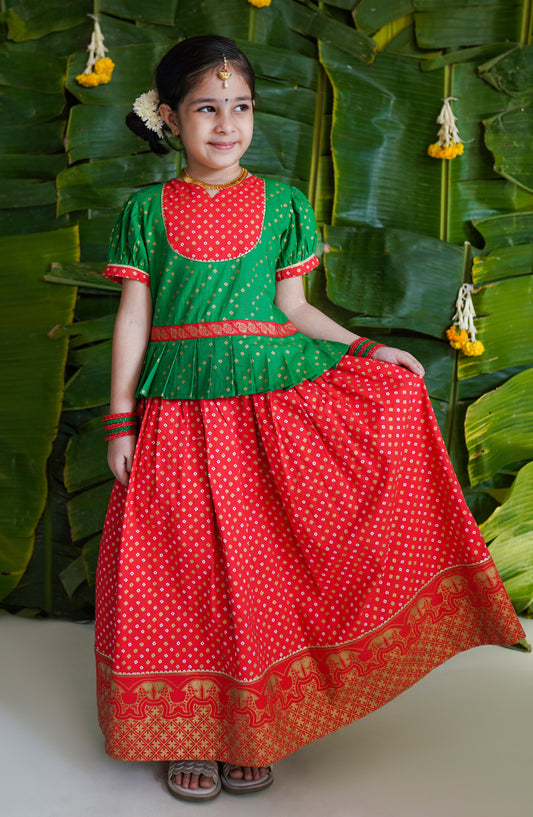 Girl Bandhani Pattu Pavdai-Green